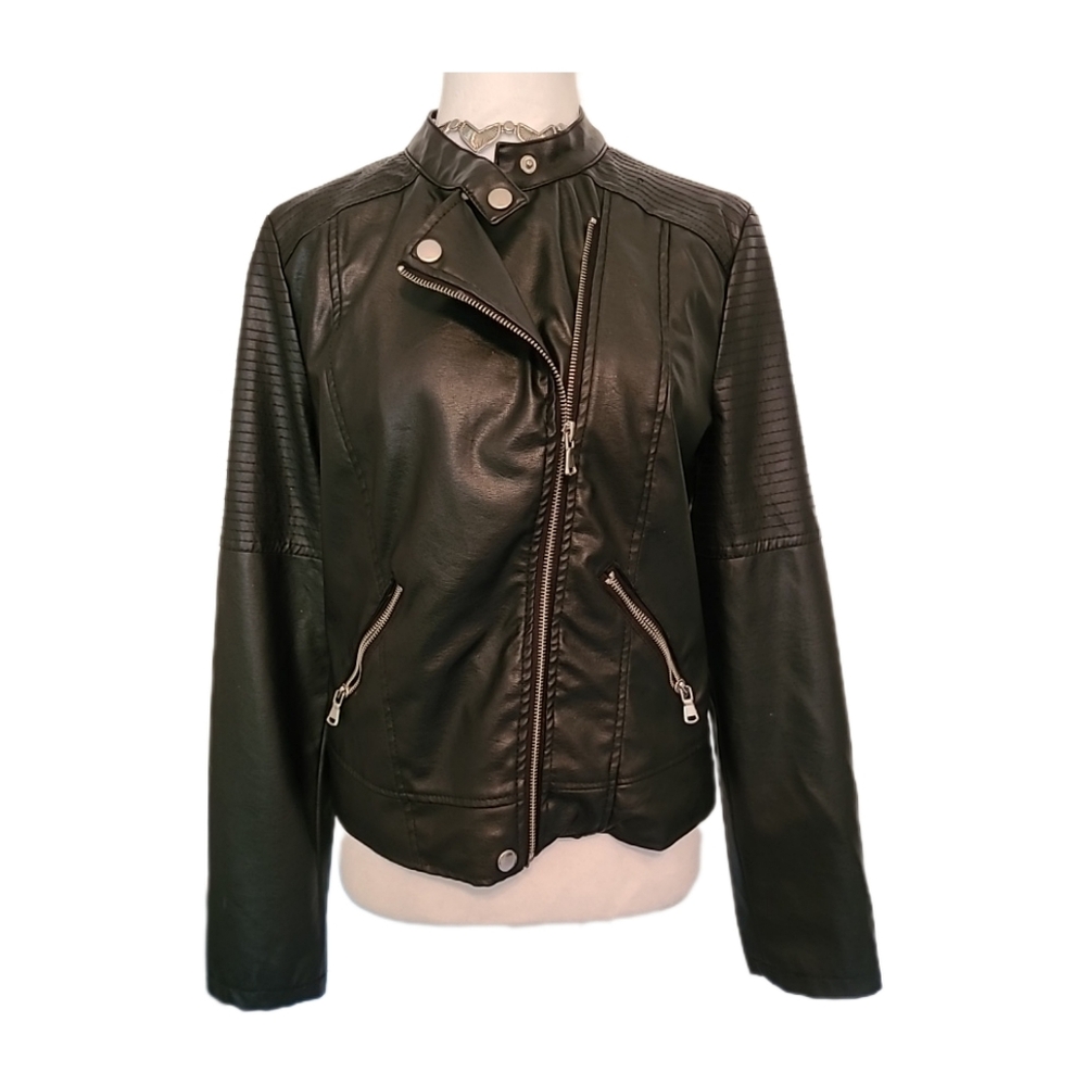 New Look Faux Leather Moto Jacket Black Full Zip Pockets Short Stylish Sz M EU
